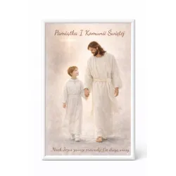 Plakat „Pamiątka I Komunii Świętej” – Jezus prowadzący dziecko