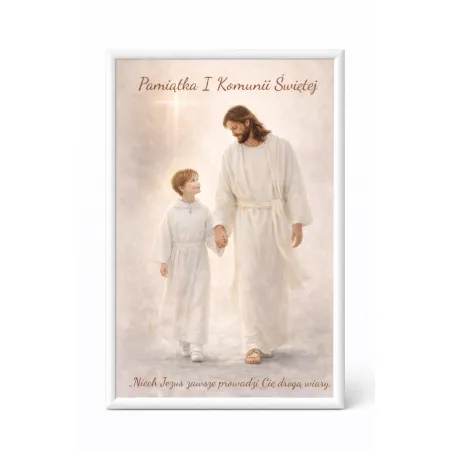 Plakat „Pamiątka I Komunii Świętej” – Jezus prowadzący dziecko